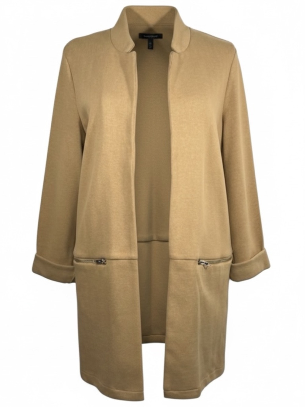 Khaki Medium Weight Open Front Cardigan Zippered Pockets Womens size Large